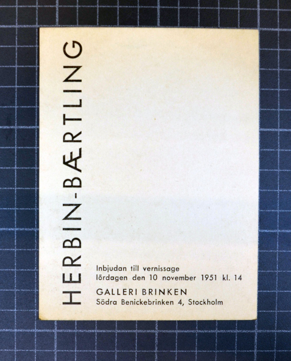 Vernissageinbjudan för Herbin-Bærtling, Galleri Brinken, Stockholm, 10 november 1951